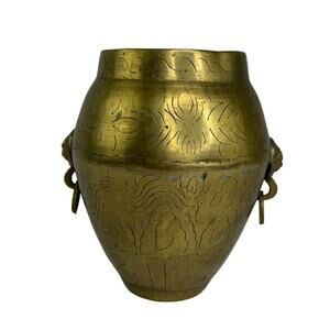 Vtg Chinese Brass Engraved Vase w/ Dragon Head Handles Dented Opening
